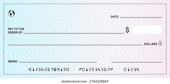 Modern bank check template with security pattern gradient background. Editable check template for financial use. Money payment bank check voucher or pay cash cheque certificate, invoice, mockup,