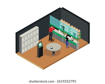 modern bank interior with customers interacting with tellers and using an information kiosk 3d isometric vector