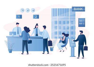 Interior moderno do escritório do banco. Serviços bancários. Gestão monetária. Empresários aguardando fila de linha. Caracteres de gerentes bancários e clientes. Ilustração de vetor de estilo moderno