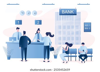 Interior moderno de la oficina bancaria. Gente de negocios haciendo cola. Personajes de gerentes y Clientes bancarios. Varios clientes en la oficina del banco. Servicio bancario fuera de línea. Ilustración vectorial de estilo de moda