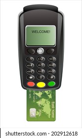 Modern bank terminal on the white. Credit card swipe through terminal for sale