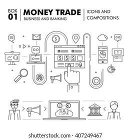 Modern banking business and trade industry thin line block flat icons and compositions, development strategy with information and mobile technologies graph and idea concept information