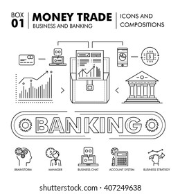 Modern banking business and trade industry thin line block flat icons and compositions, development strategy with information and mobile technologies graph and idea concept information