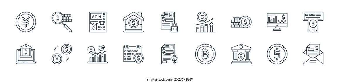 modern banking and finance icon pack. perfect for linear ui designs featuring vector letter, currency, location, bitcoin, certificate, calendar, analytics and more icons for mobile and web apps.