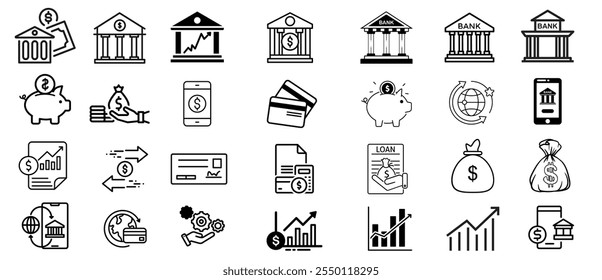 "Modern Banking Icons Set – Finance, Savings, Transactions, Online Banking, Credit Cards, and Investment Designs", banking icons