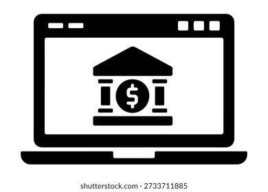 banco moderno representado por tela de laptop, design de ícone simples representando instituição financeira, representando transações financeiras on-line