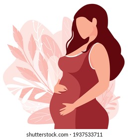 Modern banner about happy pregnancy and motherhood. Poster with a beautiful young woman. Cartoon stock vector illustration.