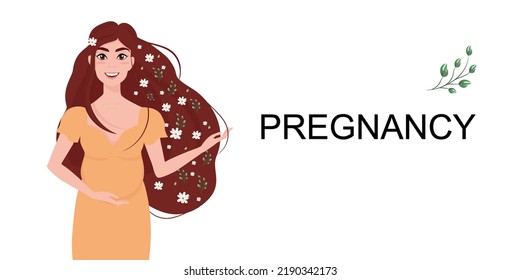 Modern banner about motherhood and pregnancy. Vector illustration of a pregnant girl with long hair.