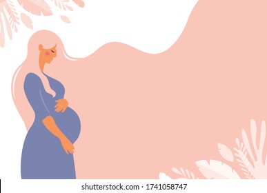 Modern banner about pregnancy and motherhood. Poster with a cute pregnant woman with long hair and place for text. Minimalistic design, flat cartoon vector illustration