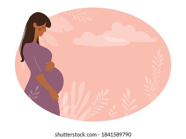 Modern banner about pregnancy and motherhood. Poster with a beautiful young pregnant woman with long hair and place for text. Minimalistic design, flat cartoon vector illustration