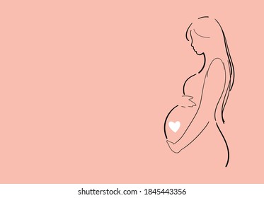 Modern banner about pregnancy and motherhood, line drawing. Poster with a beautiful young pregnant woman with place for text. Minimalistic design, flat cartoon vector illustration