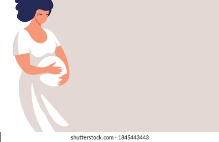 Modern banner about pregnancy and motherhood. Poster with a beautiful young pregnant woman with place for text. Minimalistic design, flat cartoon vector illustration