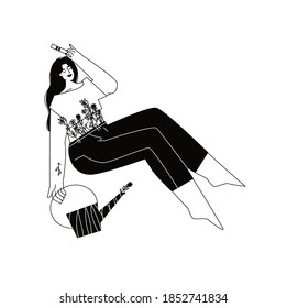 Modern banner about pregnancy and motherhood. Poster with a beautiful young pregnant woman with test in her hands. Minimalistic design, flat cartoon vector illustration