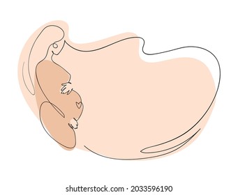 Pancarta moderna sobre el embarazo y la maternidad. Mujer embarazada, vista lateral, dibujo en línea con lugar rosado para texto. Ilustración vectorial aislada en fondo blanco.