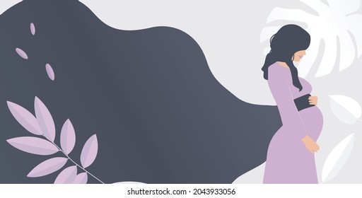 Modern banner about pregnancy and motherhood. Poster with a beautiful young pregnant woman with long hair and place for text. Minimalistic design, flat cartoon vector illustration.