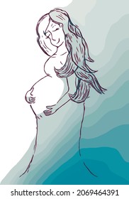 Modern banner about pregnancy and motherhood. Poster with a beautiful young pregnant woman with long hair. Minimalistic design, flat cartoon vector illustration