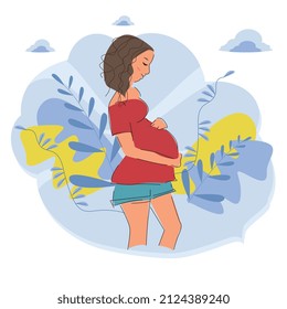 A modern banner about pregnancy and motherhood. A poster with a beautiful young pregnant woman. Minimalistic design, flat vector illustration.