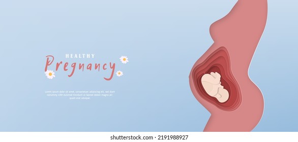 Modern banner about pregnancy and motherhood. Poster with a silhouette of young pregnant woman and place for text. Paper cut style with slices. Illustration for web site or mobile application.