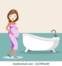 Modern banner about pregnancy and motherhood. Poster with a beautiful young pregnant woman with long hair and space for text. Minimalist design, flat cartoon vector illustration, pregnant gym