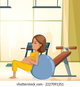 Modern banner about pregnancy and motherhood. Poster with a beautiful young pregnant woman with long hair and space for text. Minimalist design, flat cartoon vector illustration, pregnant gym