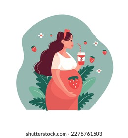 Modern banner about pregnancy and motherhood. Poster with beautiful young pregnant woman with long hair Minimalistic design, flat cartoon vector illustration