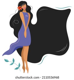 Modern banner with beautiful modest girl and place for text. Acceptance and self-love poster with a young woman in a purple dress with long hair. Minimal design, flat vector. trend color 2022.