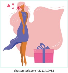 Modern banner with beautiful modest girl and place for text. Self-acceptance and love poster with a young woman in a purple dress holding a gift. Holidays. Minimal design, flat vector trend color 2022