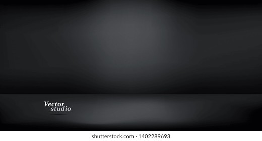 Modern banner with black empty studio on black background for concept design. Banner illustration vector. Abstract business template on soft dark background.