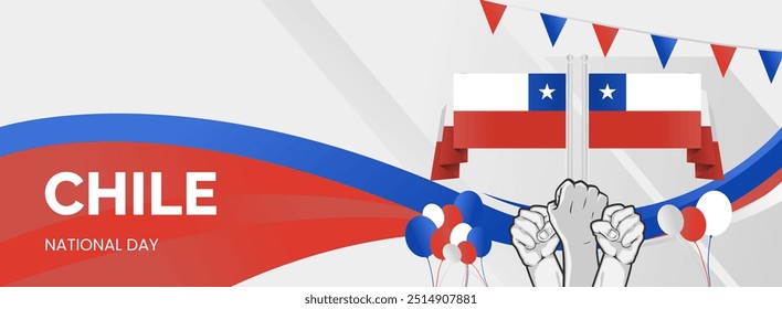 Bandeira moderna para o dia da independência nacional do Chile. Cartão comemorativo do dia nacional em cores de bandeiras chilenas, tipografia e mãos levantadas em entusiasmo.