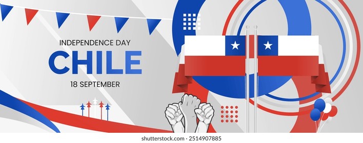 Modern banner for Chile national independence day. National day greeting card in Chilean flag colors, typography and hands raised in enthusiasm.