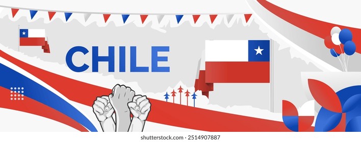 Modern banner for Chile national independence day. National day greeting card in Chilean flag colors, typography and hands raised in enthusiasm.