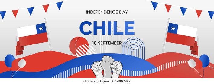 Modern banner for Chile national independence day. National day greeting card in Chilean flag colors, typography and hands raised in enthusiasm.