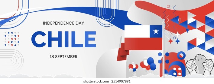 Modern banner for Chile national independence day. National day greeting card in Chilean flag colors, typography and hands raised in enthusiasm.