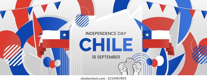 Modern banner for Chile national independence day. National day greeting card in Chilean flag colors, typography and hands raised in enthusiasm.