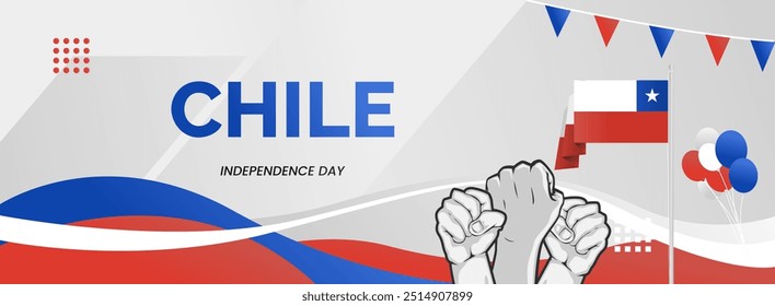 Bandeira moderna para o dia da independência nacional do Chile. Cartão comemorativo do dia nacional em cores de bandeiras chilenas, tipografia e mãos levantadas em entusiasmo.