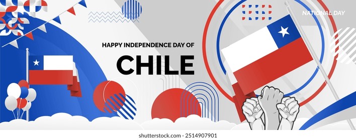 Bandeira moderna para o dia da independência nacional do Chile. Cartão comemorativo do dia nacional em cores de bandeiras chilenas, tipografia e mãos levantadas em entusiasmo.