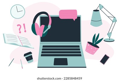 Modern banner concept of online learning. Hand drawn workplace. web education. Laptop, headphones, coffee, phone. Home schooling, webinar, streaming. Remote work. Desktop organization.