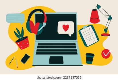 Modern banner concept of online learning. Hand drawn workplace. web education. Laptop, headphones, coffee, phone. Home schooling, webinar, streaming. Remote work. Desktop organization.