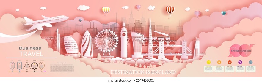 Modern banner cover business brochure design template for advertising with infographic. Travel England top world modern skyscraper and famous city architecture.Tour England landmark of europe.