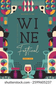 Modern banner, cover or poster with wine bottles and glasses. Restaurant menu design. Wine background. Vector illustration