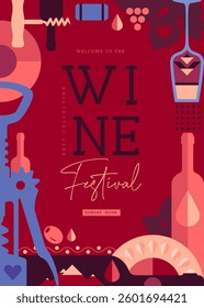 Modern banner, cover or poster with wine bottles and glasses. Restaurant menu design. Wine background. Vector illustration