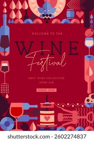 Modern banner, cover or poster with wine bottles and glasses. Restaurant menu design. Wine background. Vector illustration