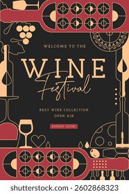 Modern banner, cover or poster with wine bottles and glasses. Restaurant menu design. Wine background. Vector illustration