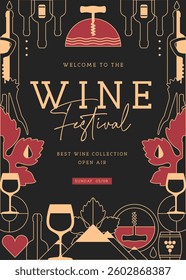 Modern banner, cover or poster with wine bottles and glasses. Restaurant menu design. Wine background. Vector illustration