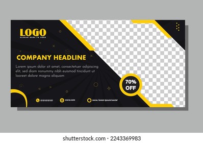Modern banner design with black and white background and yellow frame shape. Usable for banner, cover, and header. creative banner design.