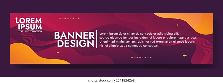 A modern banner design featuring a gradient background in red and orange hues with wavy shapes, red lines, and the text Banner Design in white.