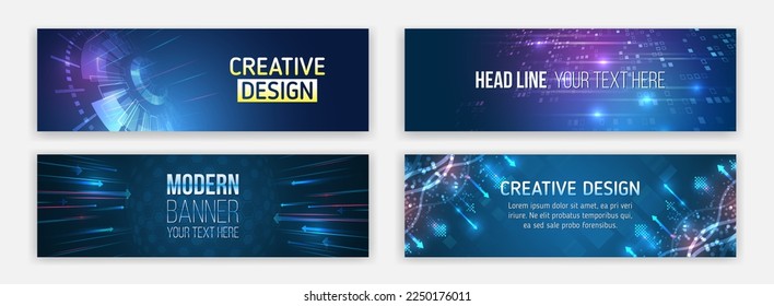 Modern banner design for medicine, internet network, artificial intelligence, big data. High-tech media cover. Technology horizontal banners set. Blue futuristic science presentation collection.