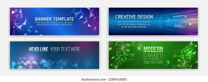 Modern banner design for medicine, internet network, artificial intelligence, big data. High-tech media cover. Technology horizontal banners set. Blue futuristic science presentation collection.