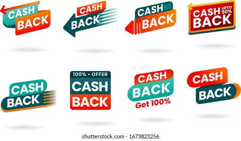 Modern banner design with a set of Cashback tags. Illustration of money back for promotion, sales, discounts. Isolated colorful sticker, cash back emblem. 