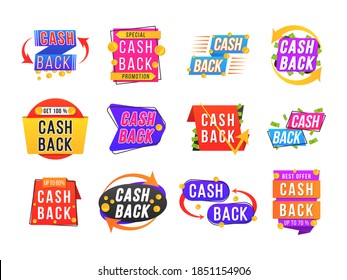 Modern banner design with a set of cashback tags. Money refund badges, cash back deal and return coins from purchases and payment labels for promotion, sale, discounts. Vector illustration, eps 10.